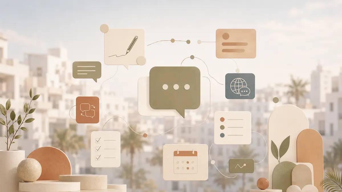 Bulles de conversation et icones numeriques sur fond de ville marocaine
