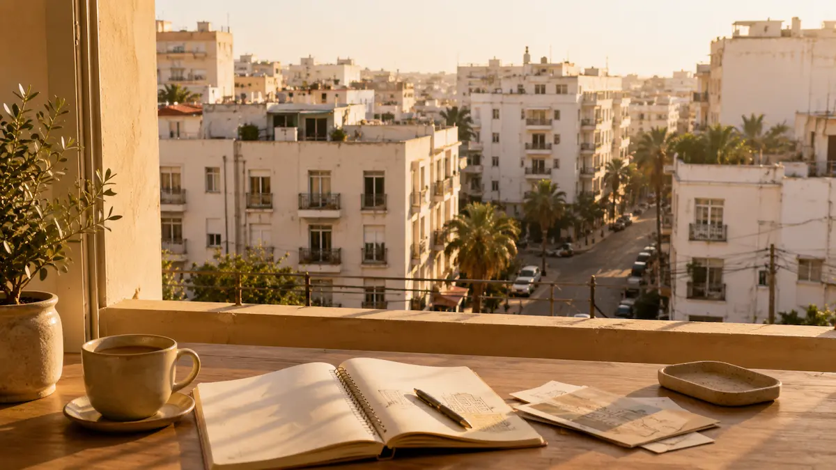 Carnet ouvert sur un bureau avec vue sur les toits de Casablanca au coucher du soleil